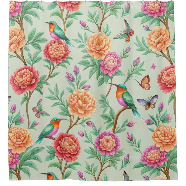 Cortina Para Box Floral Birds Pattern on Mint Background (11) (Frente)