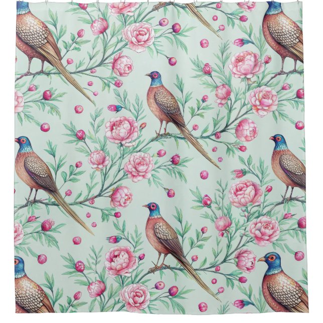 Cortina Para Box Floral Birds Pattern on Mint Background (2) (Frente)