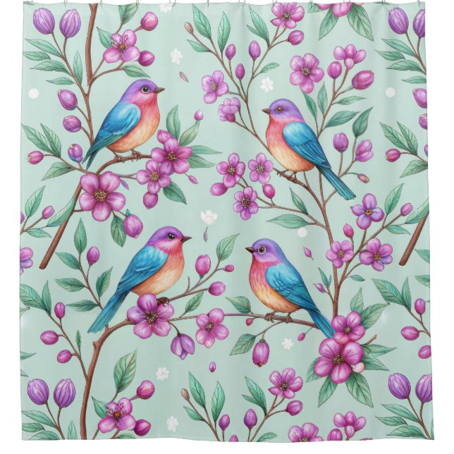 Cortina Para Box Floral Birds Pattern on Mint Background (3) (Frente)
