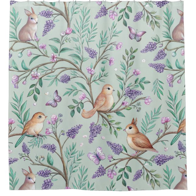 Cortina Para Box Floral Birds Pattern on Mint Background (9) (Frente)