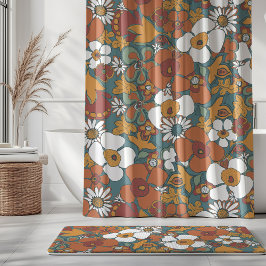 Cortina Para Box Floral Doodles Azul Salvia Terracota Laranja