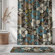 Floral Doodles Azul Turco Marrom Mostarda 