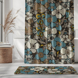 Cortina Para Box Floral Doodles Azul Turco Marrom Mostarda 