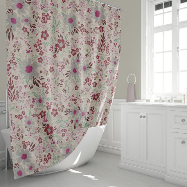 Cortina Para Box Floral Em Cinzas E Magenta Rosa (Ditsy Floral In Gray And Magenta Textured Shower Curtain by Jenn Steffen for Studio Posies.)