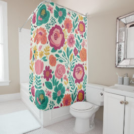 Cortina Para Box Floral Folclórico em Azul Turquesa e Magenta