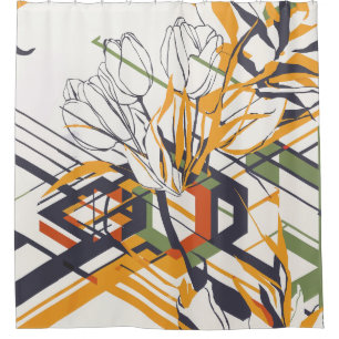 Cortina Para Box Floral Geométrico com Mostarda Quente e Detalhes d