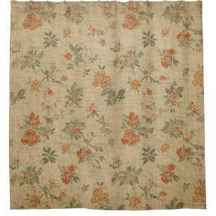 Cortina Para Box Floral Laranja Queimada e Verde Salvia Vintage