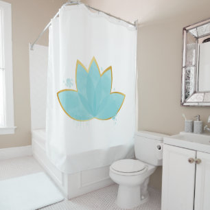 Cortina Para Box Floral Lotus Watercolor Seafoam Azul e Faux Dourad