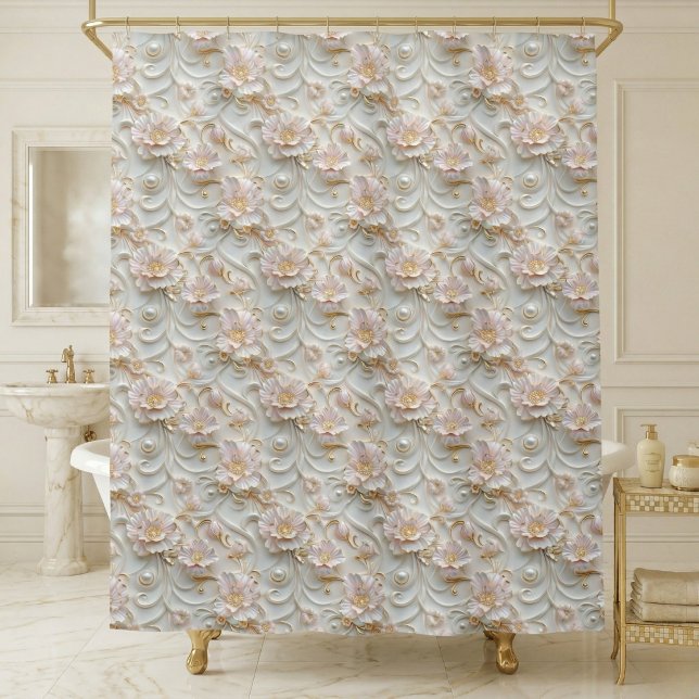 Cortina Para Box Floral Ornamentado  (elegant luxury pearl white pale pink floral shower curtain)