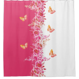 Cortina Para Box Floral Pink Shower Curtain with Graceful Butterfly