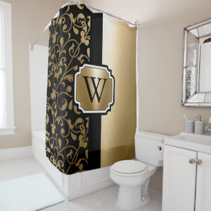 Cortina Para Box Floral Preto e Ouro