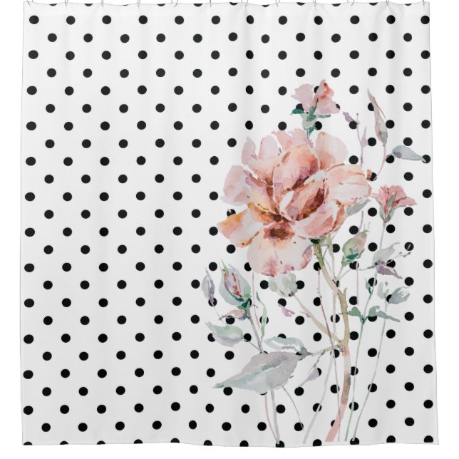 Cortina Para Box Floral Rosa-d-água nos Polkadots Pretos (Frente)
