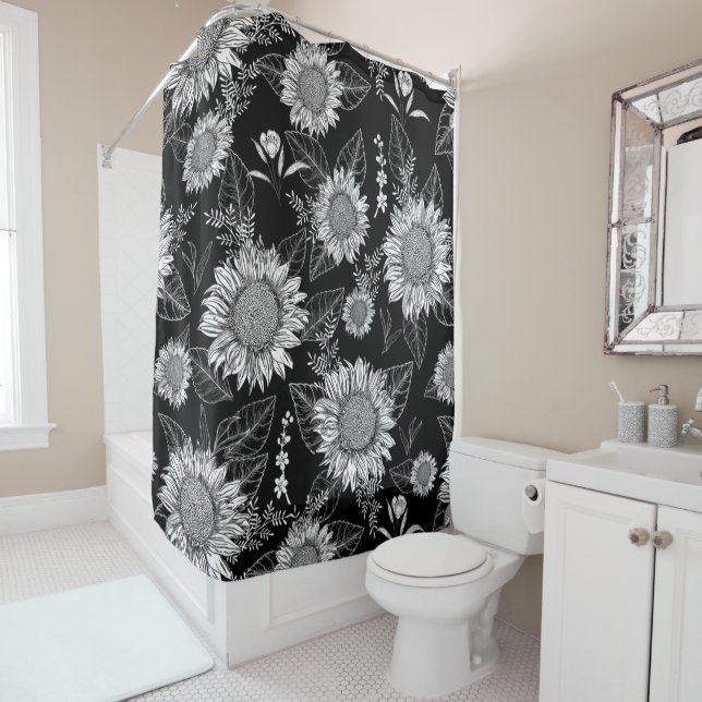 Cortina Para Box Floral Sunflower Black White (In Situ)