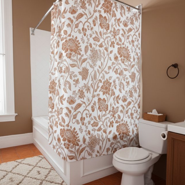 Cortina Para Box Floral Terracotta Toile Pattern (Add a touch of rustic charm to your home with this Floral Terracotta Toile Pattern Shower Curtain!)