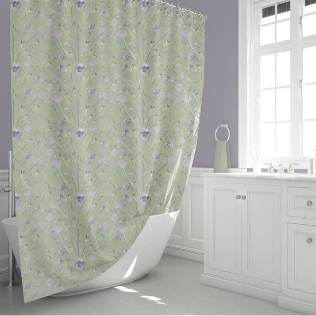 Cortina Para Box Floral Verde de Aquarela Elegante (Elegant Watercolor Sage Green Purple Floral Shower Curtain from Studio Posies.)