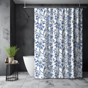 Cortina Para Box Floral Vintage Toile de Jouy Azul Branco