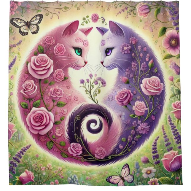 Cortina Para Box Floral Yin Yang Cats Illustration (Frente)