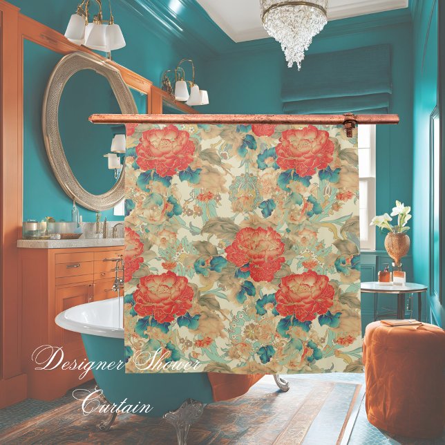 Cortina Para Box Florals Teal, Peach, Teal com Ornamentados (Criador carregado)