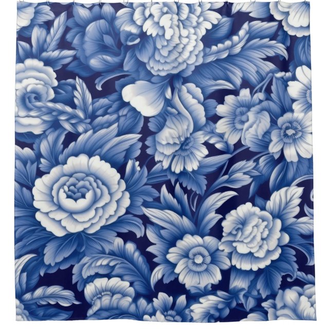 Cortina Para Box Flores Azuis Indigo (Frente)