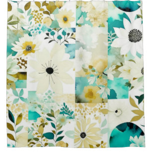 Cortina Para Box Flores bonito de Arte Folclórica Branca e Turquesa