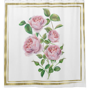 Cortina Para Box Flores Botânicas Vintage Rosa Folhas Verdes Dourad