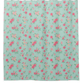 Cortina Para Box Flores Claras, Rosa-Rosa, Ilustradas, Em Teal