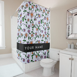 Cortina Para Box Flores coloridas, fundo azul, preto