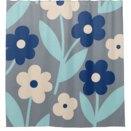 Cortina Para Box Flores Costeiros Calmos | padrão Índigo & Turquesa
