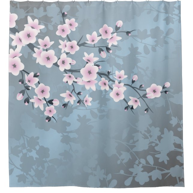 Cortina Para Box Flores de Cerejeira Pó Rosa Azul (Frente)