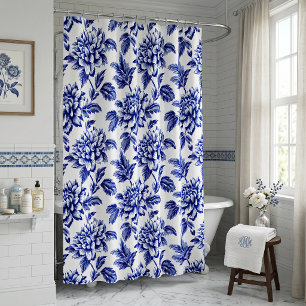 Cortina Para Box Flores de Dália Azul e Branca Toile de Jouy
