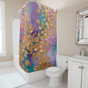 Cortina Para Box Flores De ouro Pintadas Na Turquesa Lilática Rosa