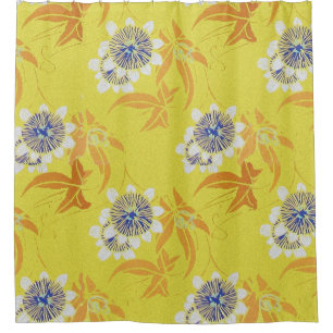 CORTINA PARA BOX FLORES DE PAIXÃO BRANCOS AZUIS, FOLHAS DE LARANJA