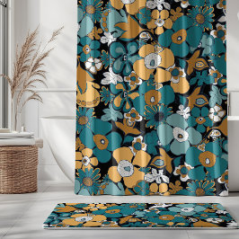 Cortina Para Box Flores Desenhadas Aqua Verde Mostarda Preto Branco