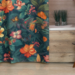 Cortina Para Box Flores e Folhas Tropicais com Borboletas