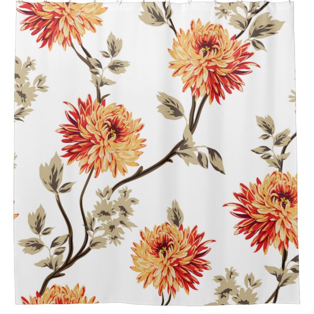 Cortina Para Box flores laranja agudas com folhas castanhas padrão  (Frente)