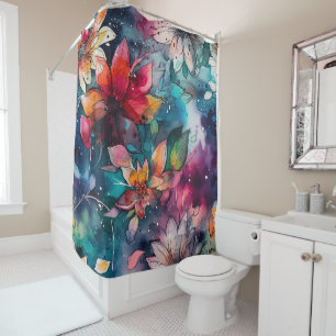 Cortina Para Box Flores Ousadas de Aquarela em Azul Turquesa, Roxo,