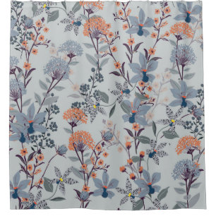 Cortina Para Box Flores selvagens em padrão botânico azul.