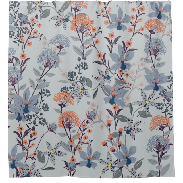 Cortina Para Box Flores selvagens em padrão botânico azul. (Frente)