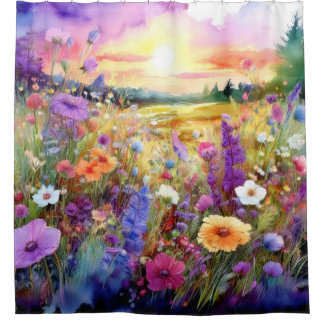 Cortina Para Box Flores silvestres ao pôr do sol em aquarela