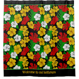 Cortina Para Box Flores Tropicais De Hibisco Preto