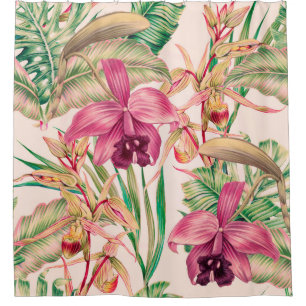 Cortina Para Box Flores tropicais, flor de orquídea, folhas da sel