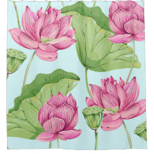 Cortina Para Box Flores tropicais, folhas, lótus cor-de-rosa, lírio