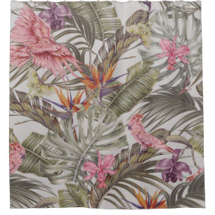 Cortina Para Box Flores tropicais, palmeiras, pássaros do paraíso