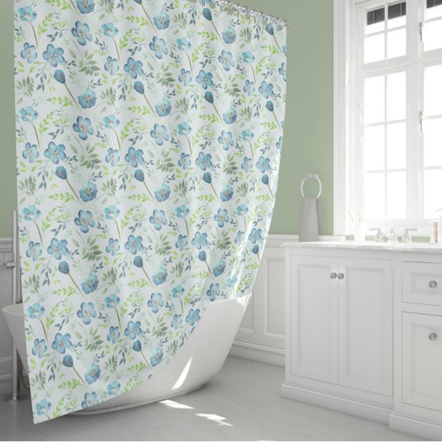 Cortina Para Box Flores Verdes Azuis Elegantes (Elegant Blue Green Watercolor Flowers Shower Curtain from Studio Posies.)
