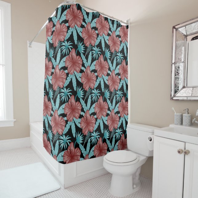 Cortina Para Box Flores vermelhas padrão uniforme tropical folhas & (In Situ)