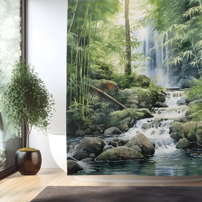 Cortina Para Box Floresta de Bambu com Cachoeira em Aquarela (Criador carregado)