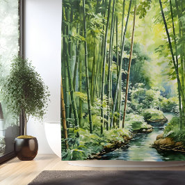 Cortina Para Box Floresta de Bambu Japonês em Aquarela