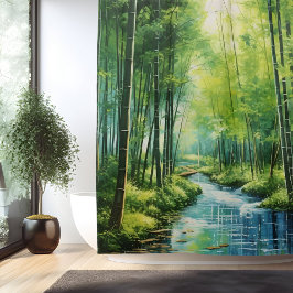 Cortina Para Box Floresta Japonesa de Bambu em Aquarela