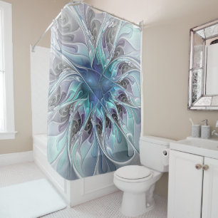Cortina Para Box Flourar Abstrato Moderno Flor Fractal Com Azul