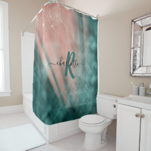 Cortina Para Box Folha de Mão Rosa Maciça e Teal de Monograma